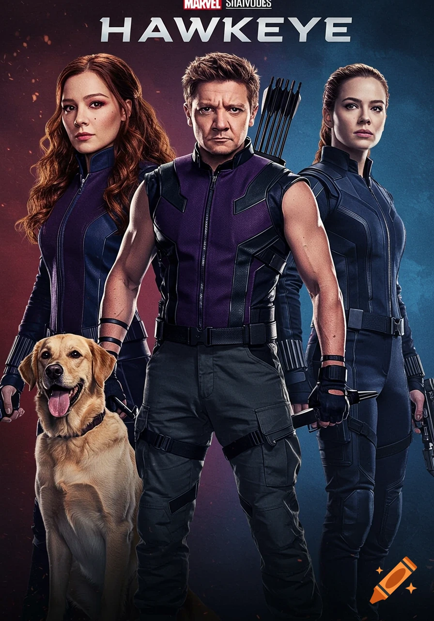 Poster for Marvel's Hawkeye featuring Hawkeye, Kate Bishop, a female character, and a golden retriever.