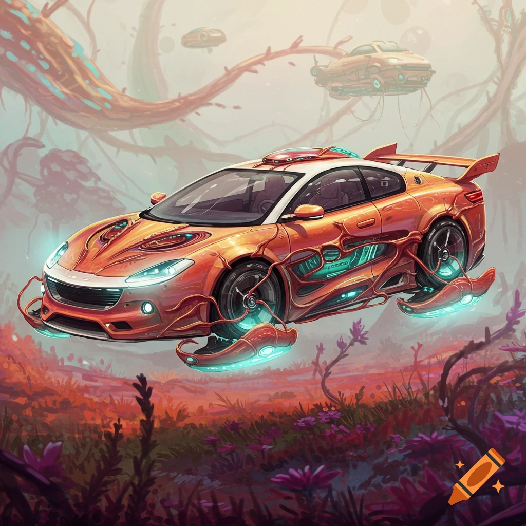 A biomechanical orange car floats above an alien landscape with glowing flora.
