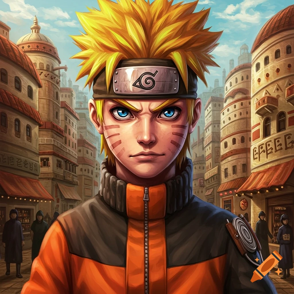 Realistic rendering of Naruto standing in an anime-style town.