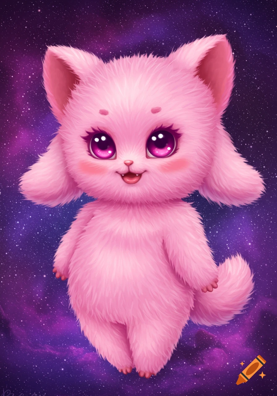 A cute pink furry creature with big eyes stands against a galaxy background.