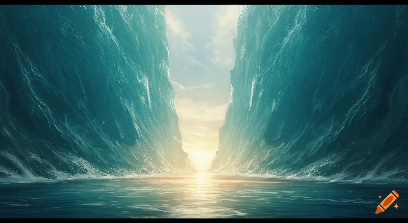 Epic view of the sea parted by two towering walls of water revealing a sunlit path.