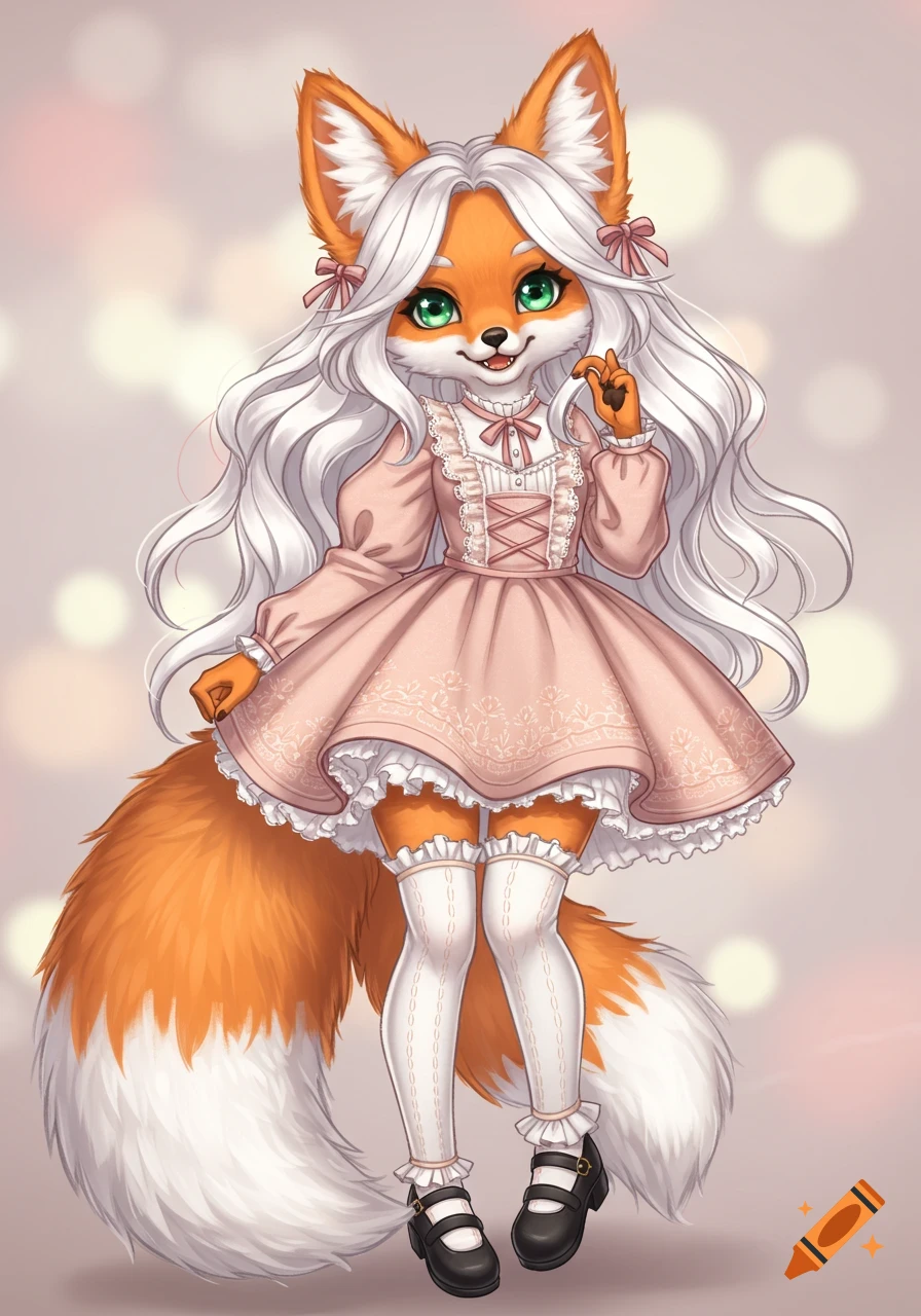 A cute anthropomorphic fox girl wearing a pink ruffled dress and white stockings, standing in a soft background.