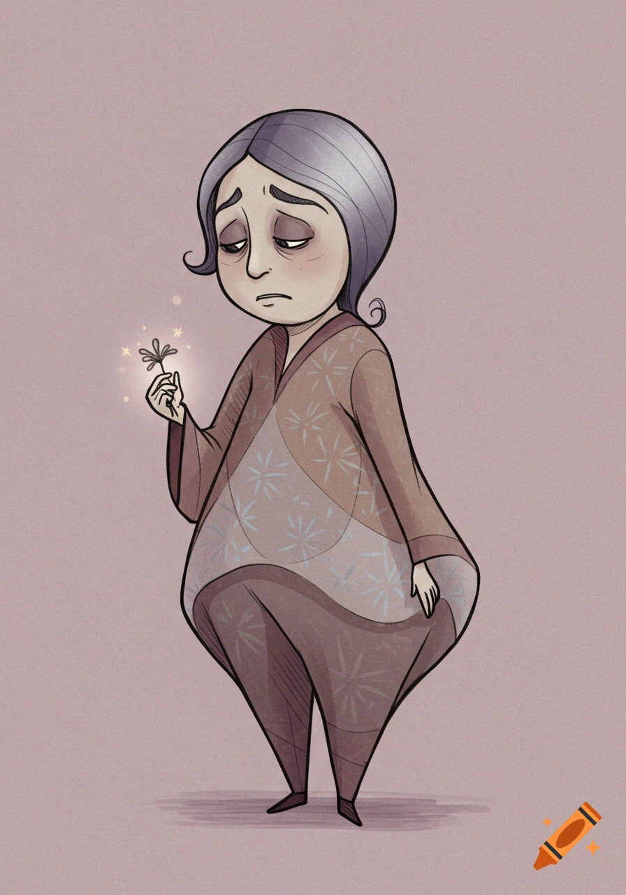 Cartoon character in Pixar Inside Out style, looking sad, holding a sparkling plant.