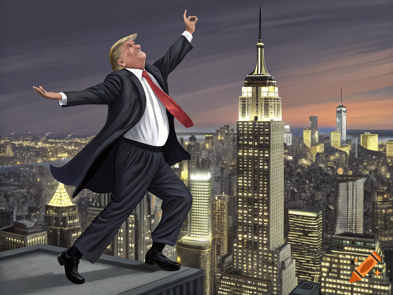 Donald Trump dancing on a skyscraper rooftop overlooking the New York City skyline at dusk