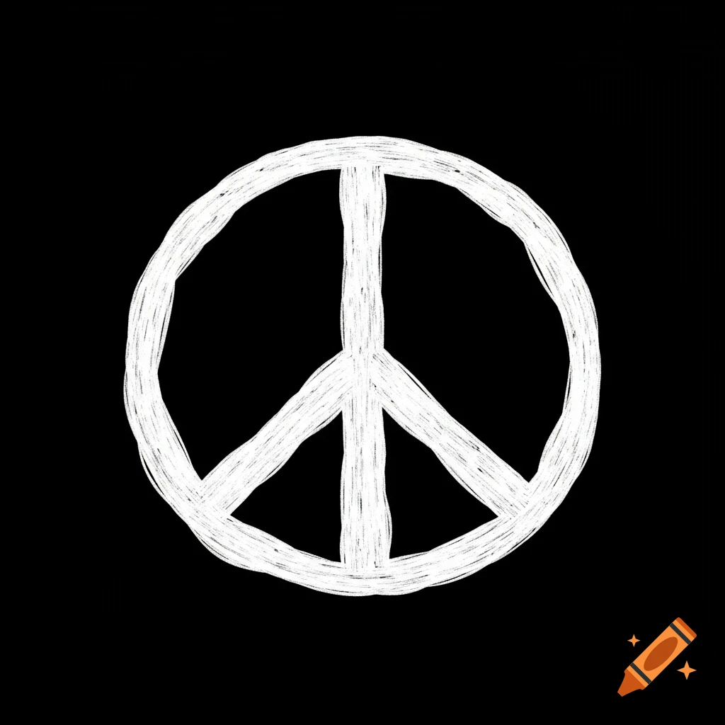 A white hand-drawn style peace sign on a black background.