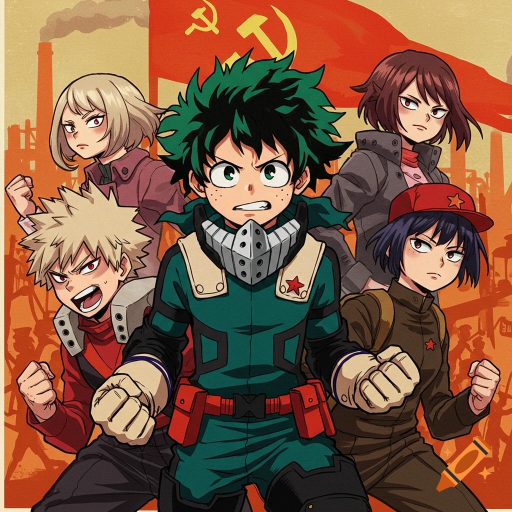 Anime illustration of My Hero Academia characters in front of a Soviet flag and factory background