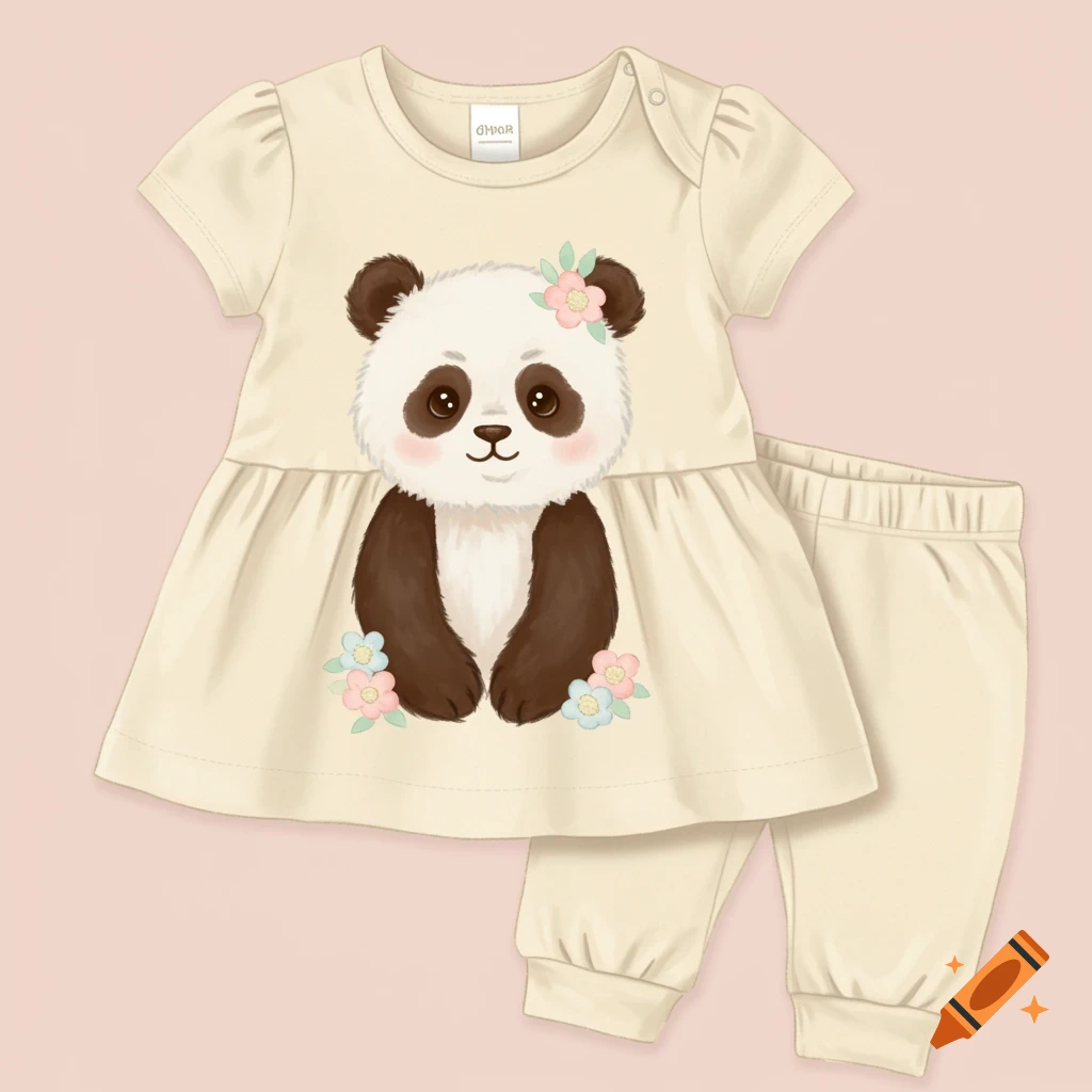 Illustration of cream baby dress with cute panda and flowers, with matching pants.