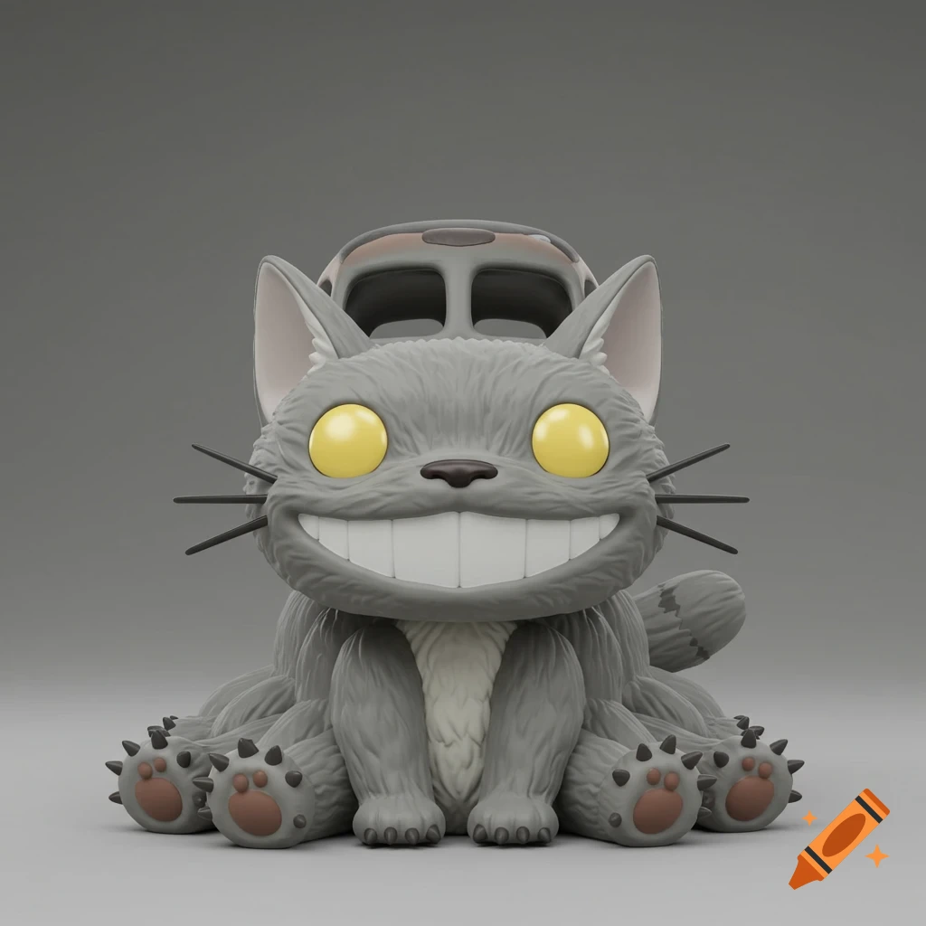 A Pop! Vinyl style figure of the Catbus from My Neighbor Totoro, a gray cat with yellow eyes and a big smile.