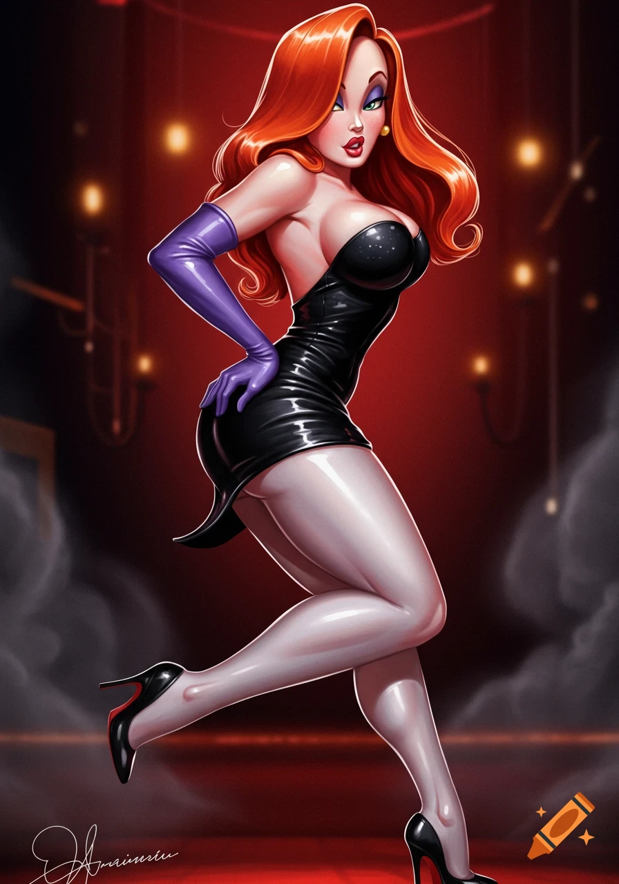 Stylized illustration of Jessica Rabbit in a black dress and purple gloves, striking a pose on a red background.