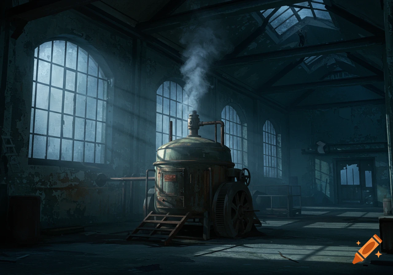 A large, old boiling machine sits in the middle of a dark, dusty warehouse with sunlight streaming through large windows.