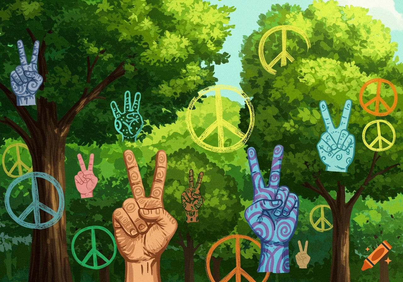 Multiple hands making peace signs and various colored peace symbols floating among trees.