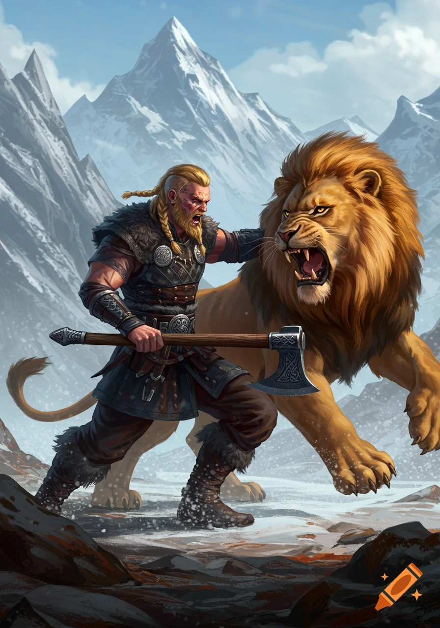 A fierce Nordic warrior battles a snarling lion in a snowy mountain landscape, holding an axe.