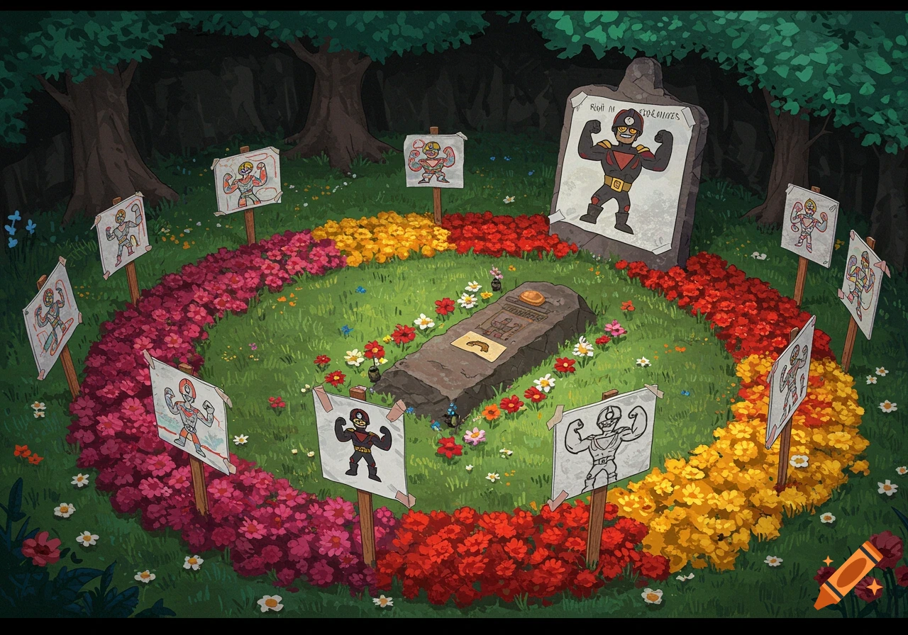 A superhero's grave in a forest clearing, surrounded by flowers and fan drawings.
