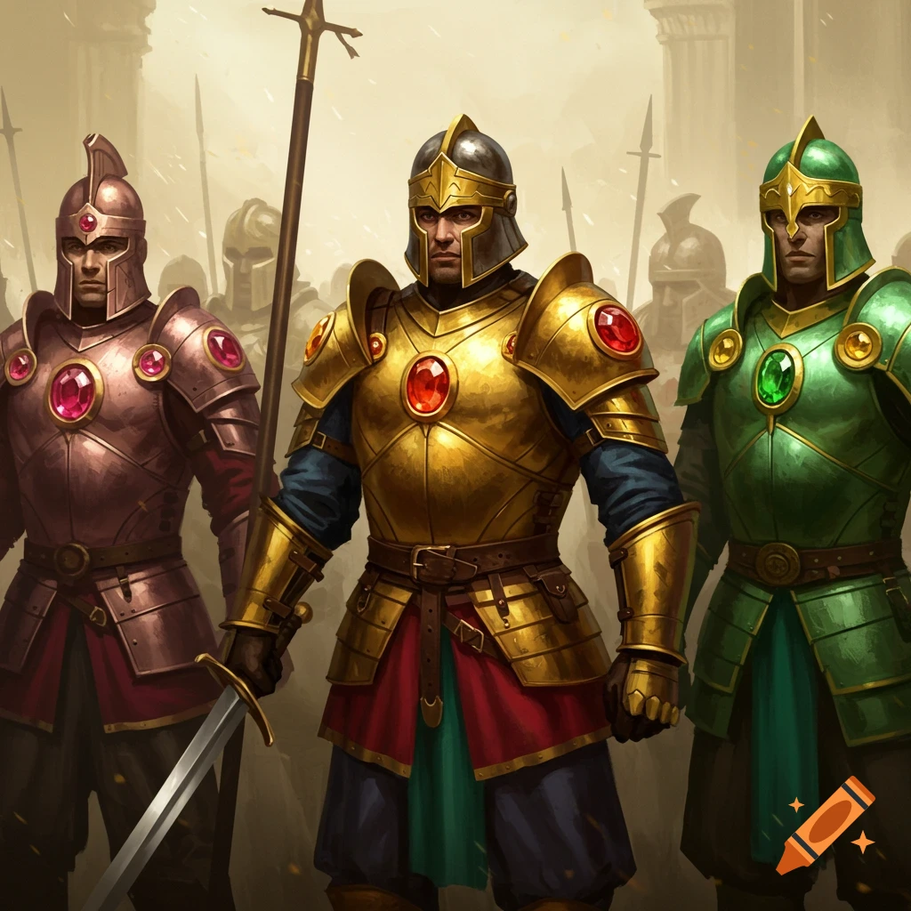 Fantasy soldiers in ornate armor standing in formation