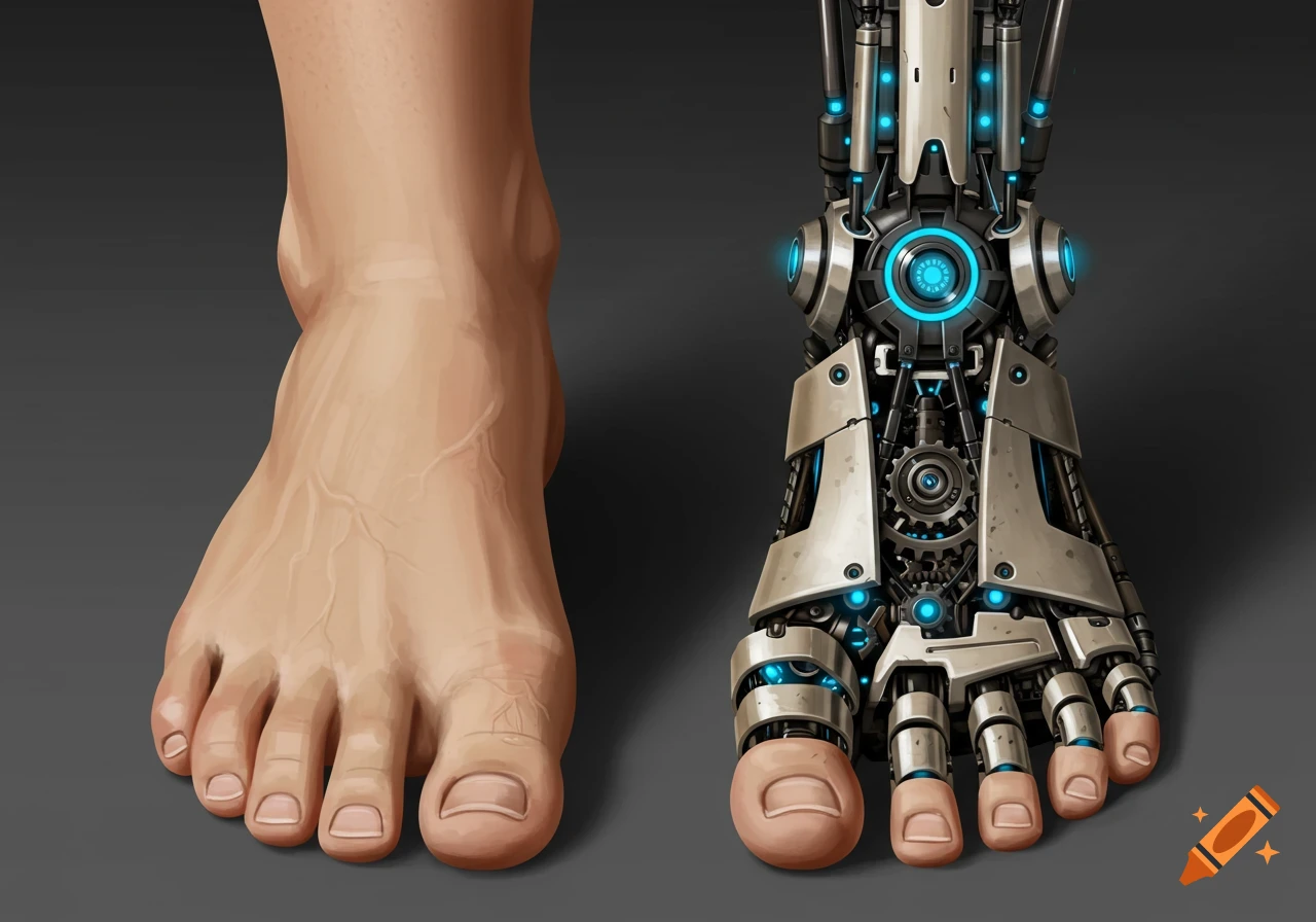A human foot next to a robotic foot.