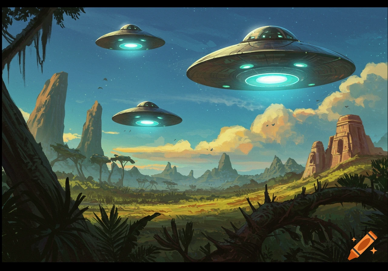 Three UFOs fly over an alien landscape with rock formations and ancient ruins