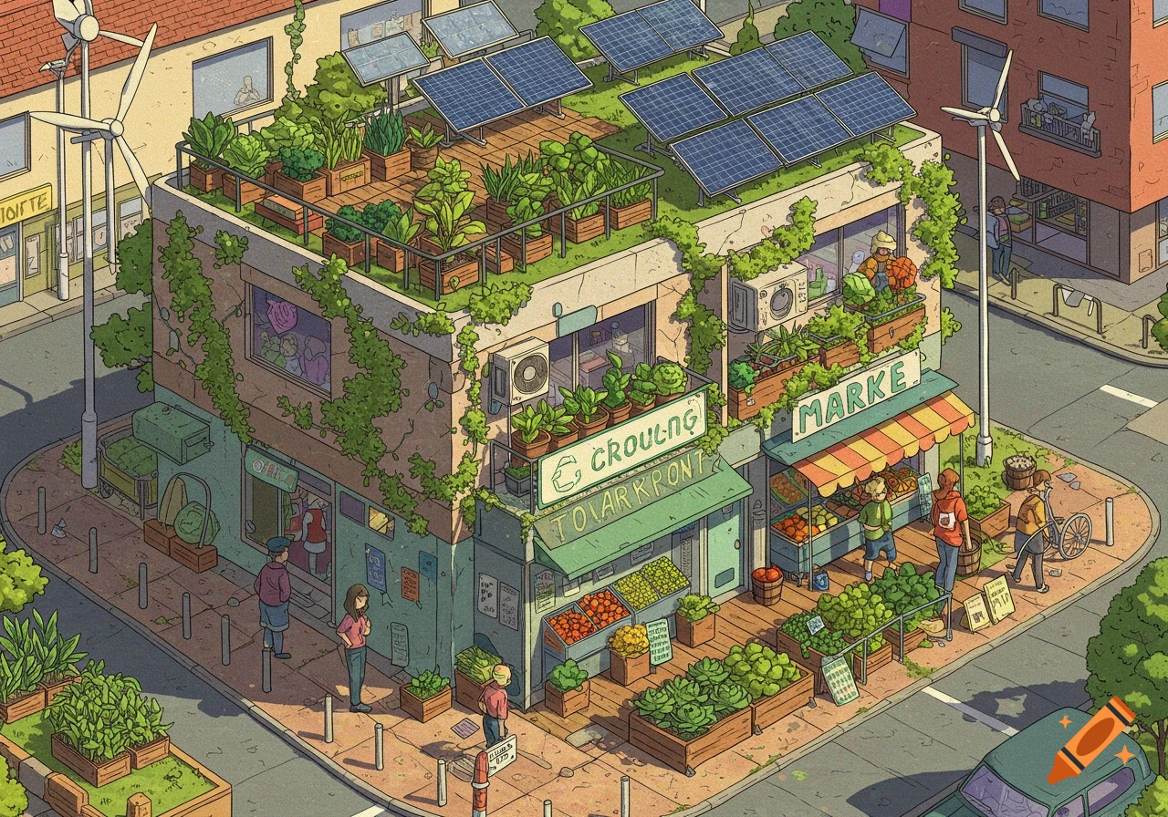 Isometric illustration of a solarpunk building with rooftop garden, solar panels, and market.