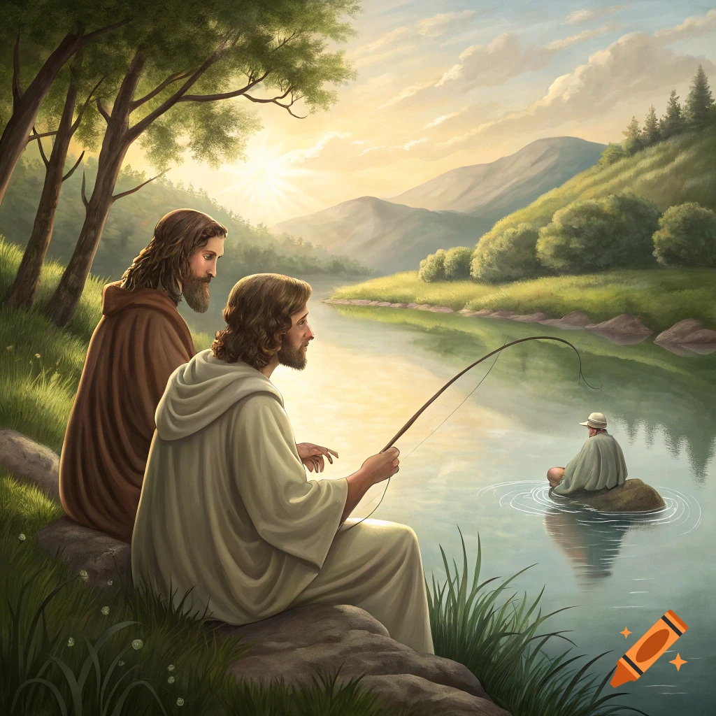 Two figures resembling Jesus and a disciple sit by a riverbank fishing, with a third figure in the water, in a serene landscape at sunset.