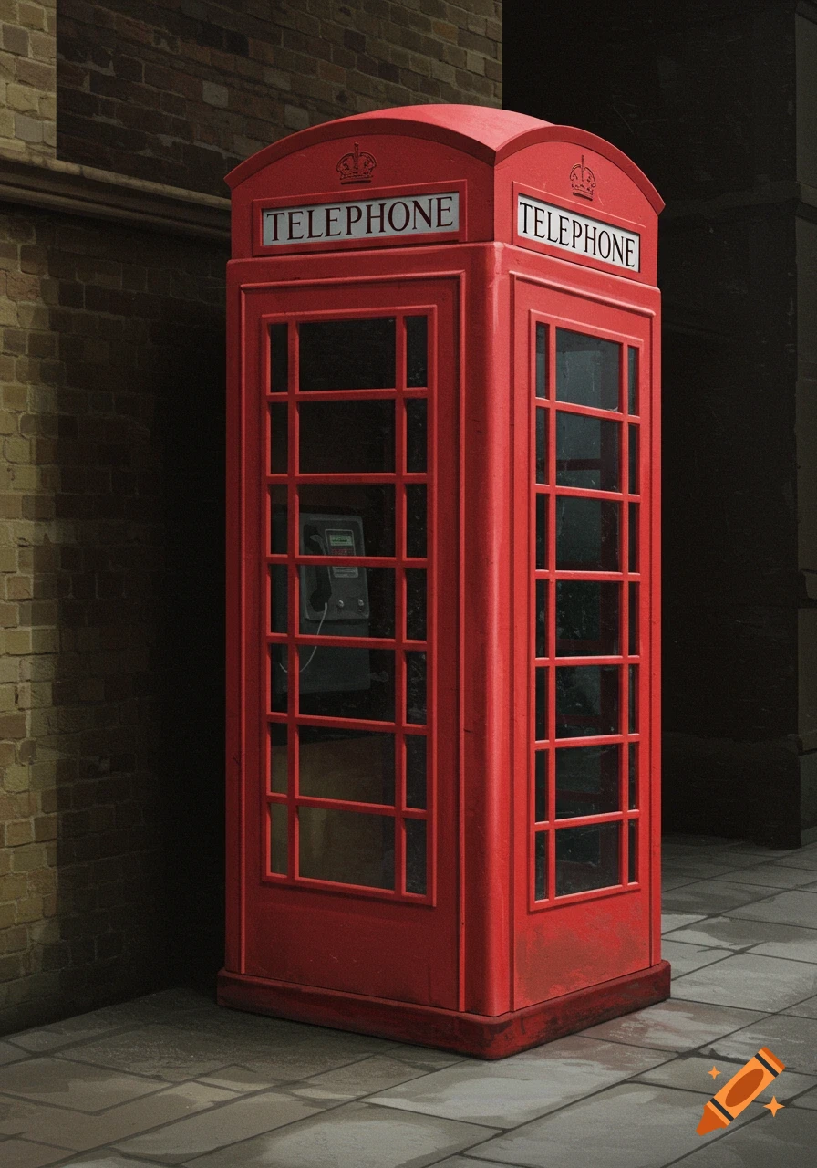 A red British telephone box stands on a tiled sidewalk next to a brick wall.