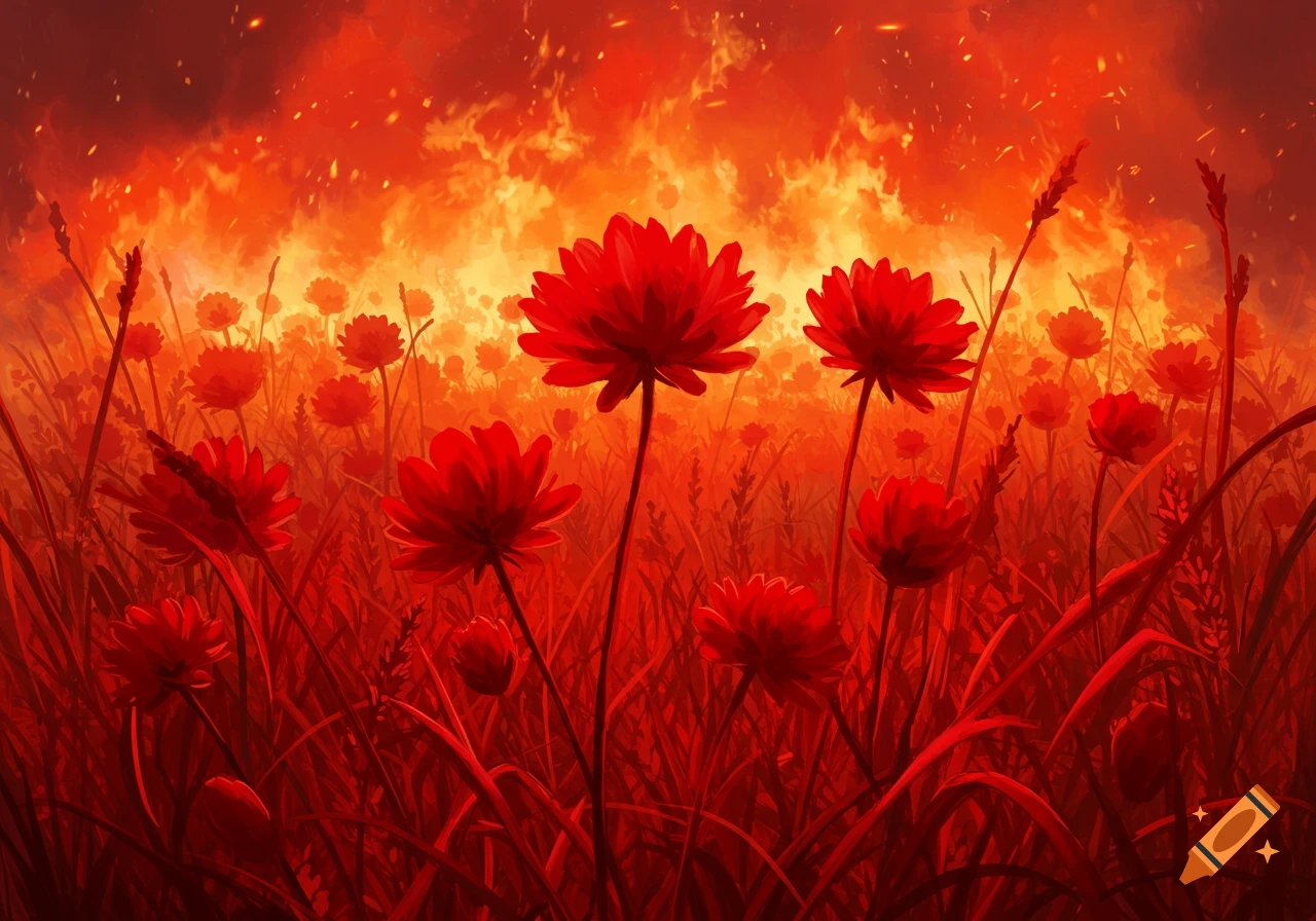 Red flowers in a field under a fiery red and orange sky, dramatic style ...