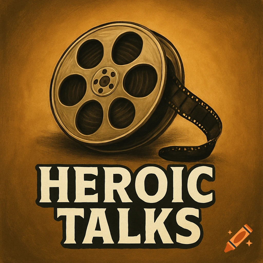 Illustration of a film reel with the text Heroic Talks below it.