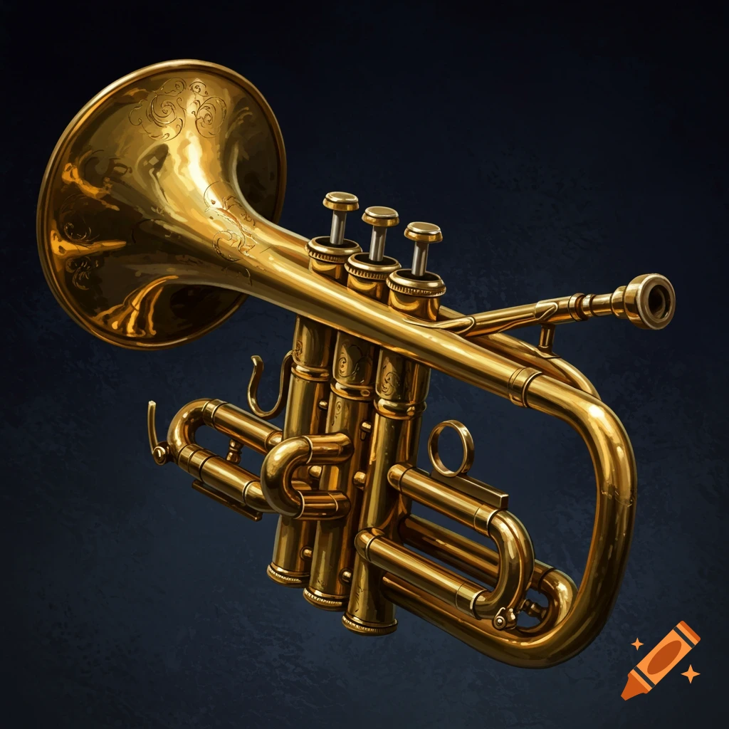 A shiny golden trumpet with decorative engravings is shown against a dark, textured background.