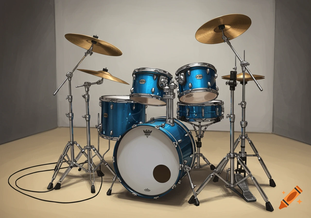 A blue drum set with cymbals and stands in a simple room.