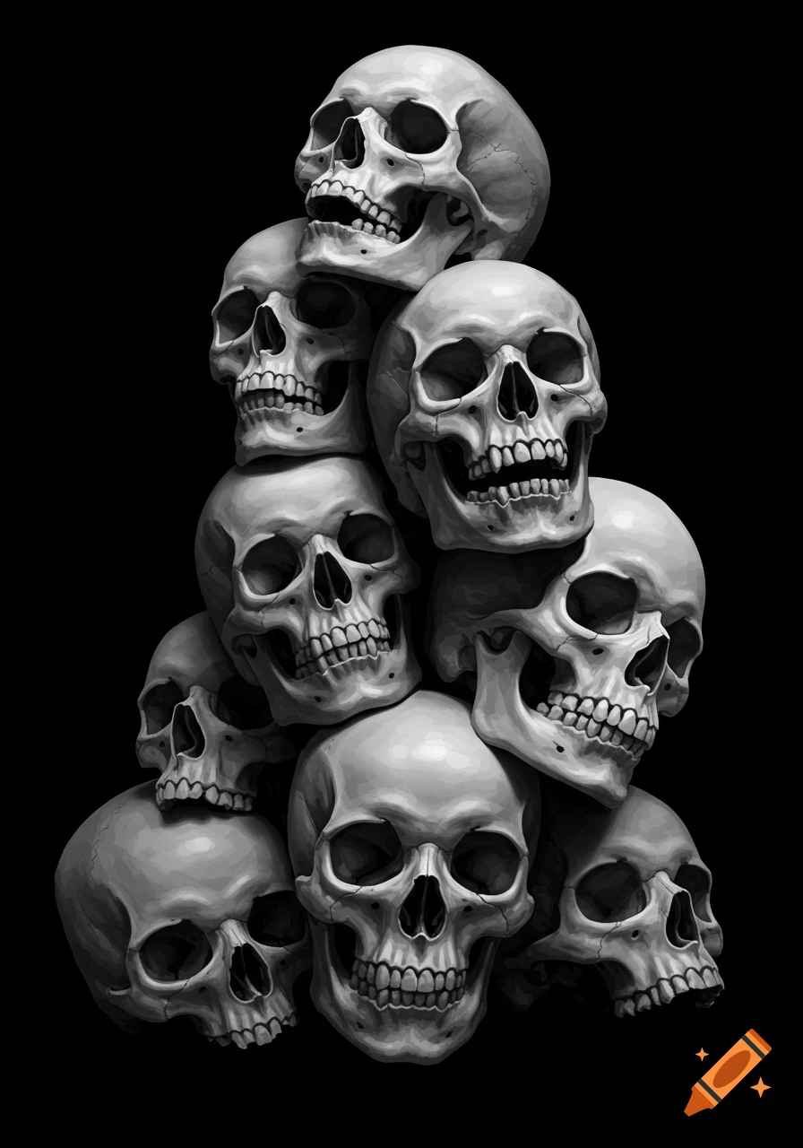 Black and white illustration of a stack of skulls.