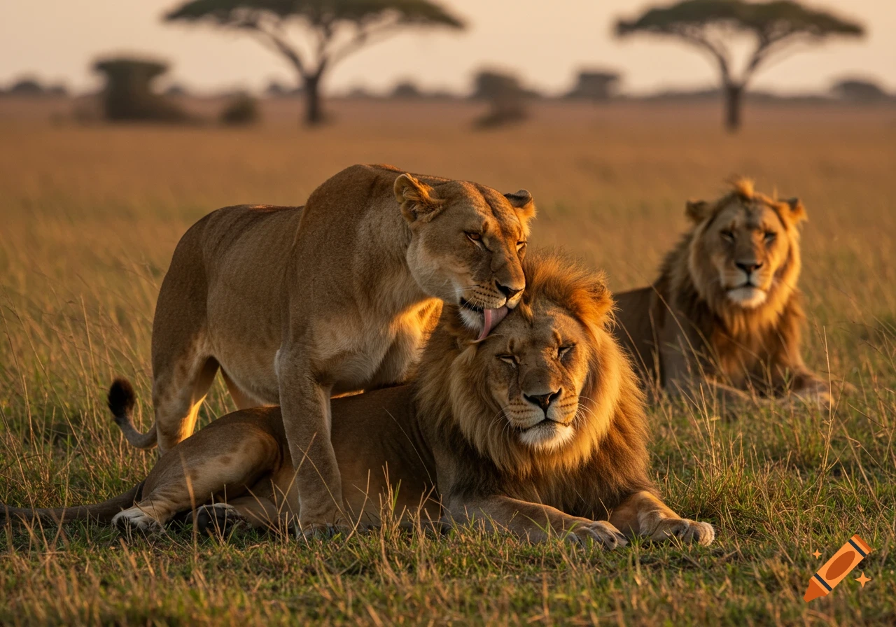 Lioness licks male lion's face while another watches in a savanna at sunset.
