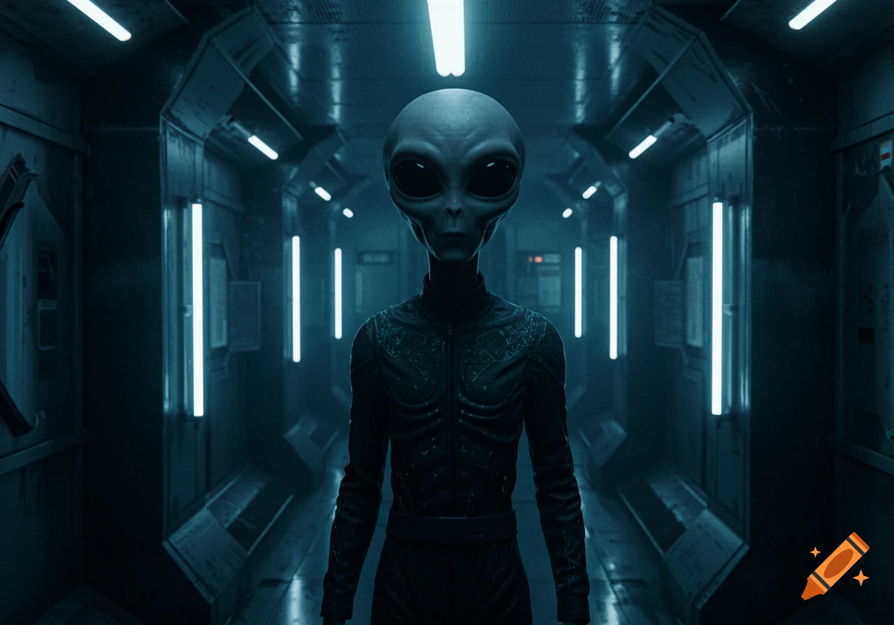 Photorealistic portrait of a grey alien standing in a blue-lit sci-fi hallway.