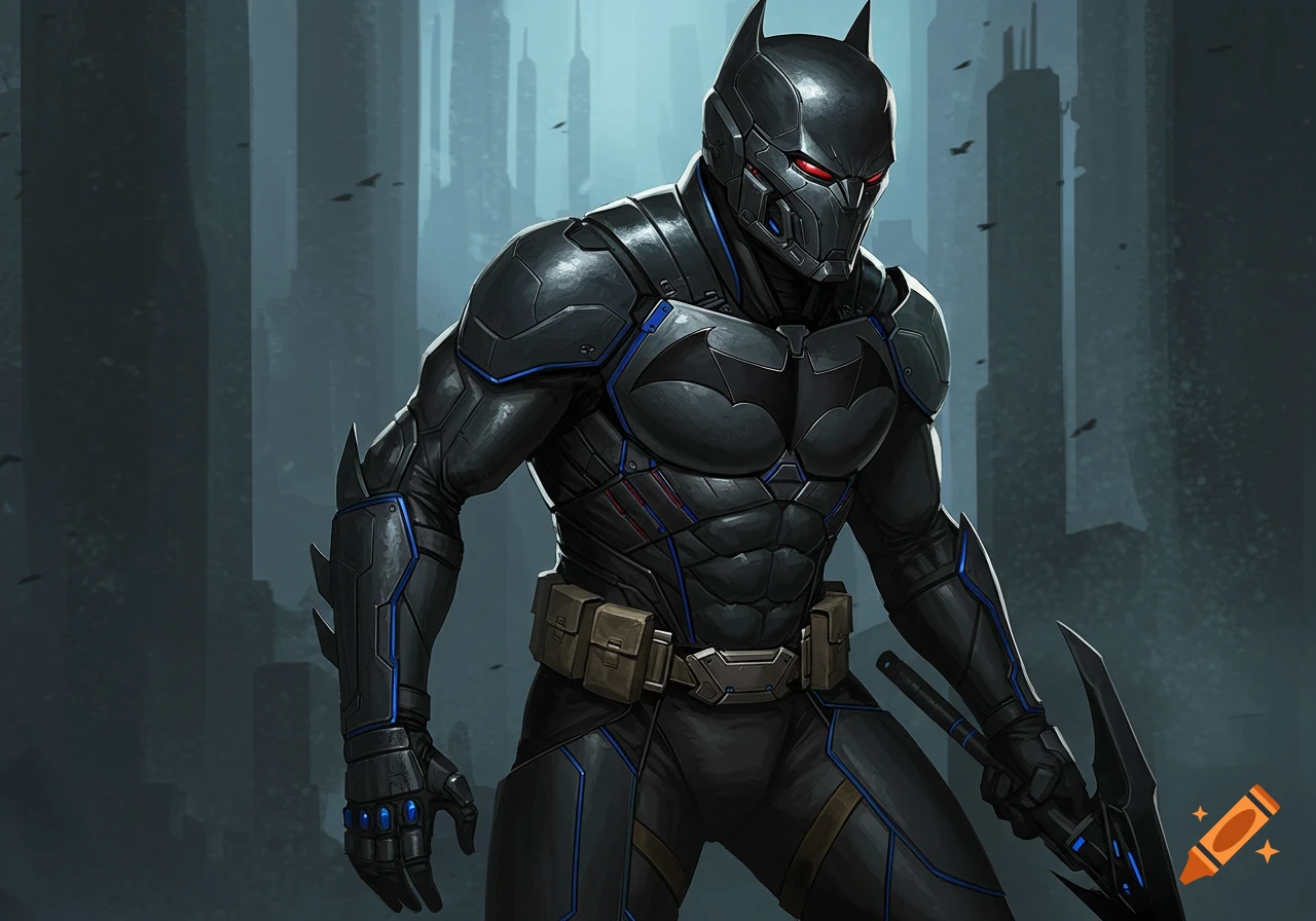 Batman-like hero in dark futuristic armored suit with red eyes