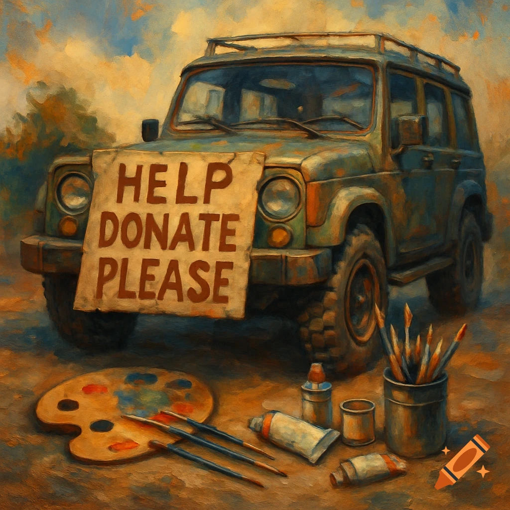 Painterly image of an SUV with a 'HELP DONATE PLEASE' sign and art supplies.