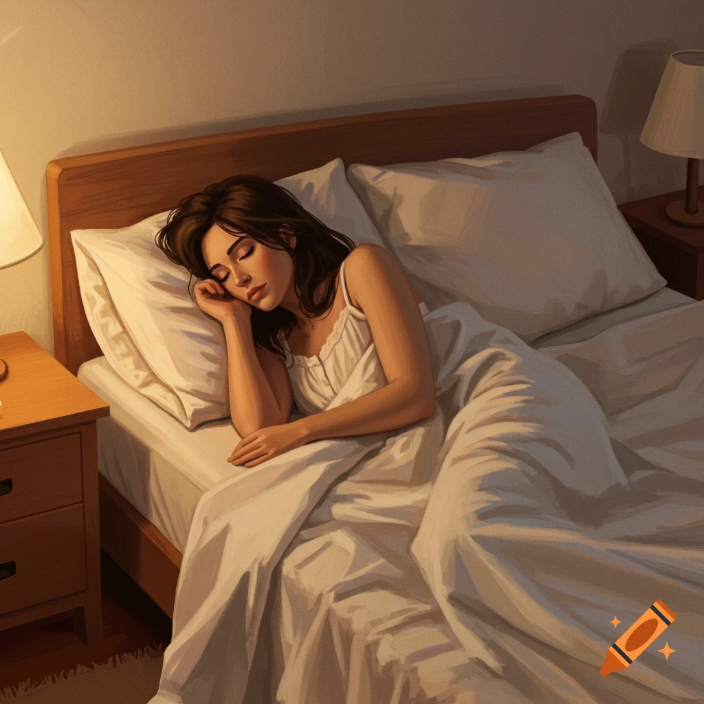 A woman sleeps peacefully in bed in a dimly lit bedroom.