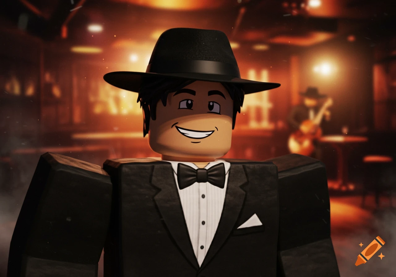 Roblox character in a black tuxedo and fedora