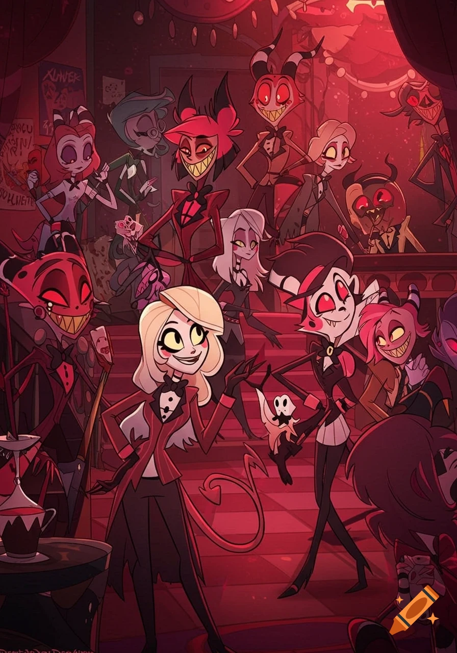 A large group of characters from Hazbin Hotel pose in a red-lit interior.