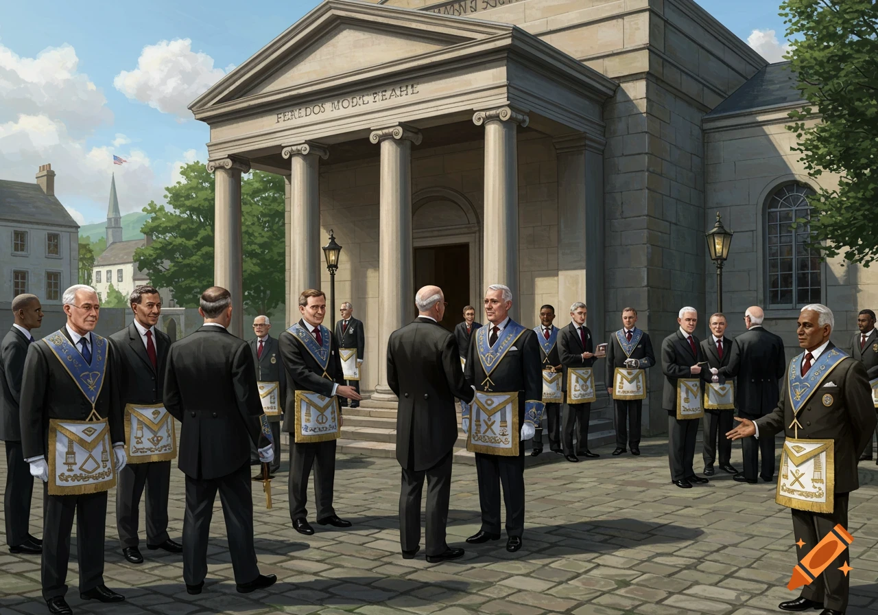 Group of men in masonic regalia outside a lodge building.