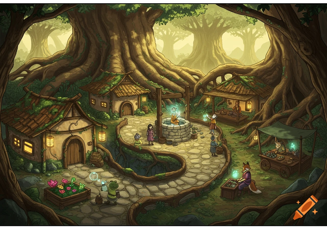 Fantasy village among giant tree roots with houses, well, market, and animal characters in an illustrative style.