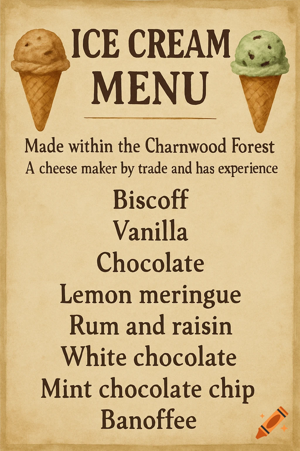 An illustrated ice cream menu listing flavors, with cones at the top.