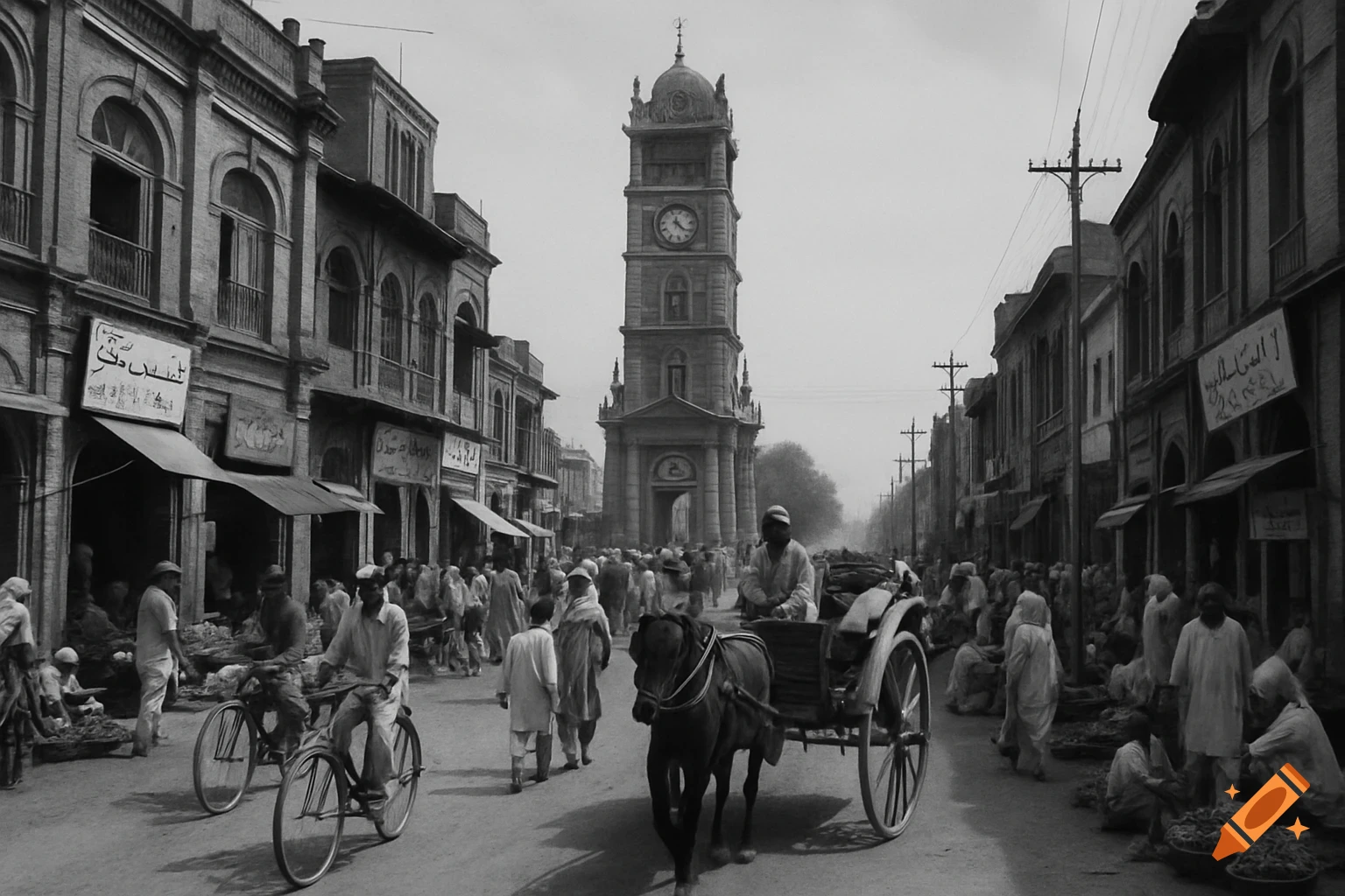 A black and white photo of a bustling street scene in a historical city, featuring a tall clock tower, old buildings, pedestrians, cyclists, and a horse-drawn cart.
