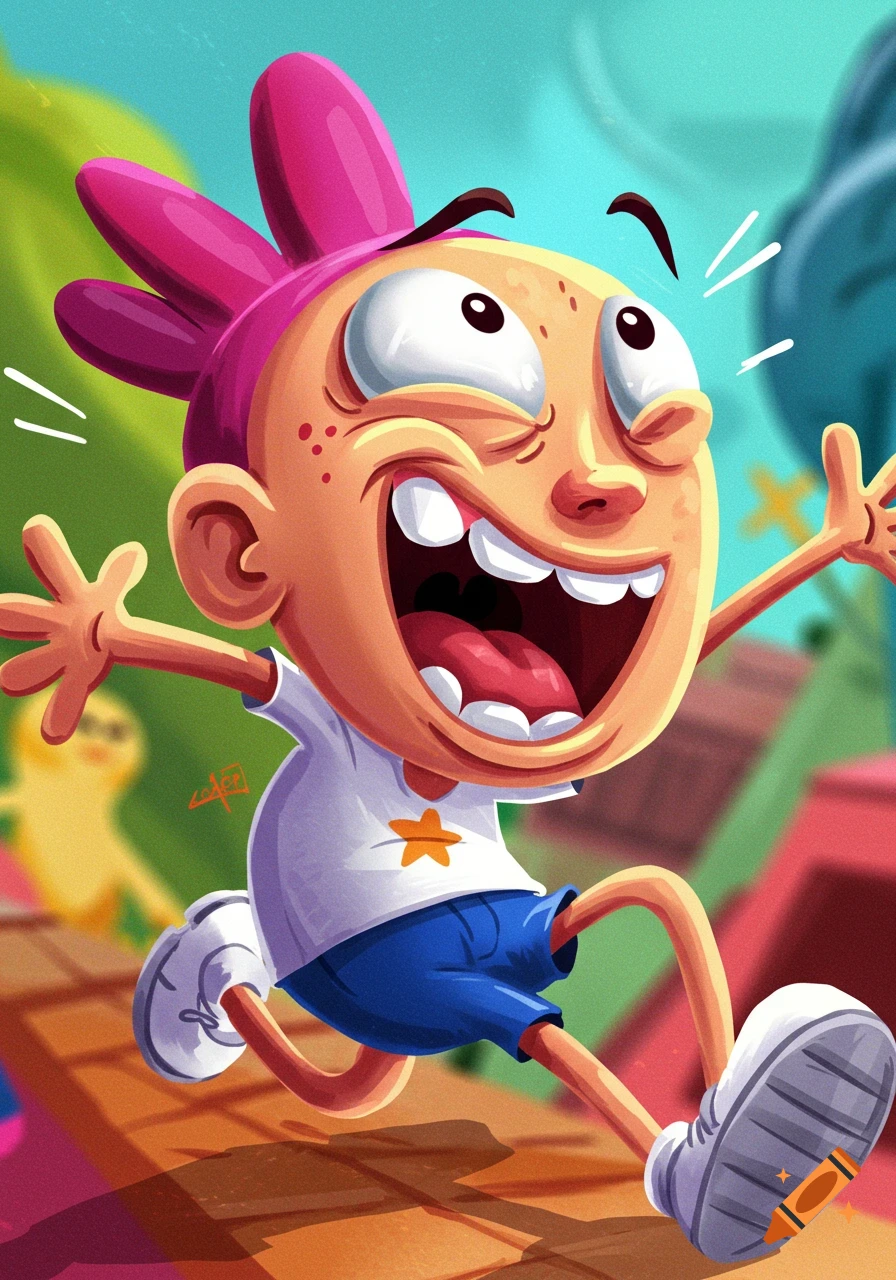 Cartoon character running with a big smile