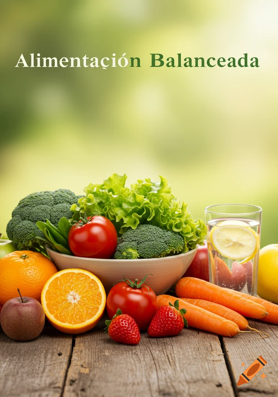 Fresh fruits, vegetables, and a glass of water on a wooden table, with overlay text "Alimentación Balanceada".