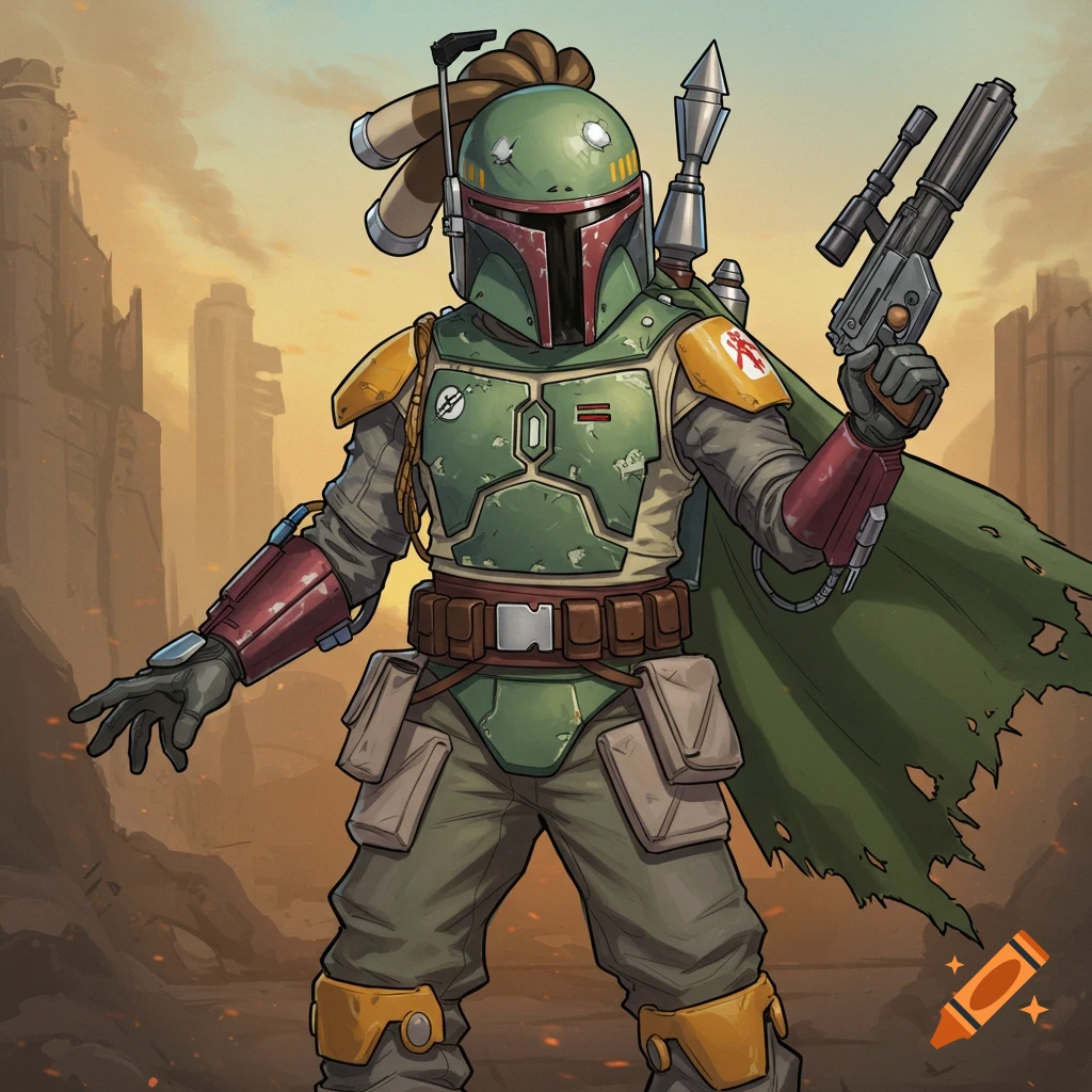 Illustration of a character in Boba Fett armor with Lucio's appearance, in a ruined city.