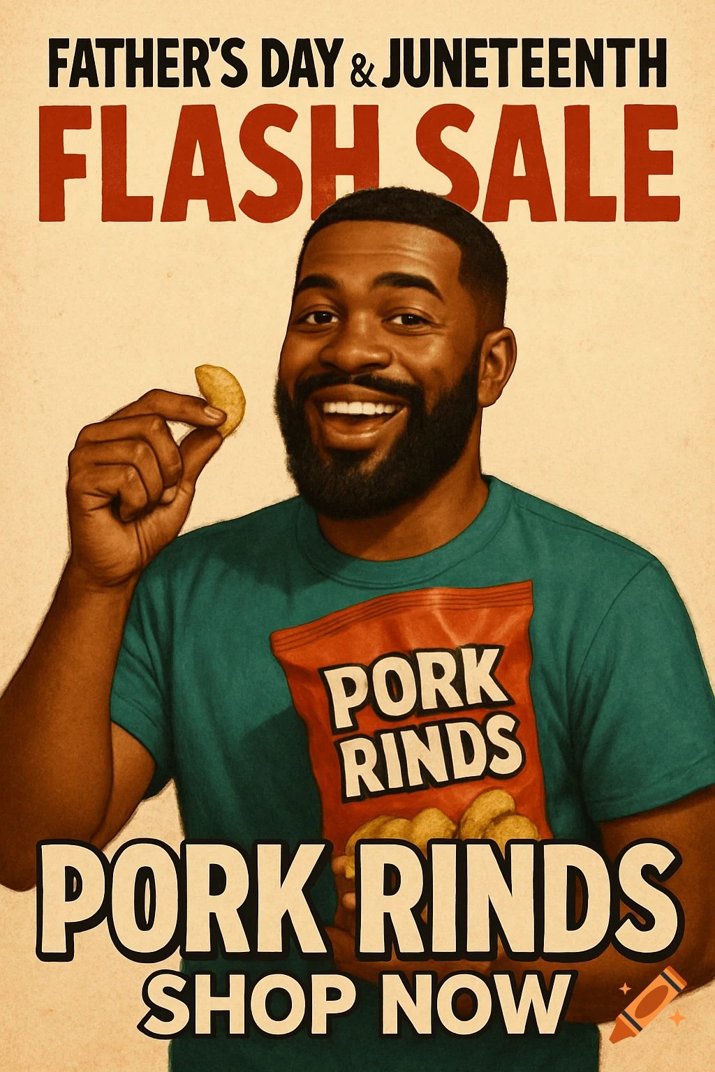 Man holding pork rinds bag on a Father's Day & Juneteenth flash sale ad poster.