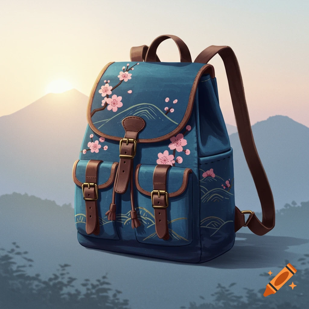 A blue backpack with cherry blossom and wave patterns in a misty mountain landscape at sunrise in a digital painting style.