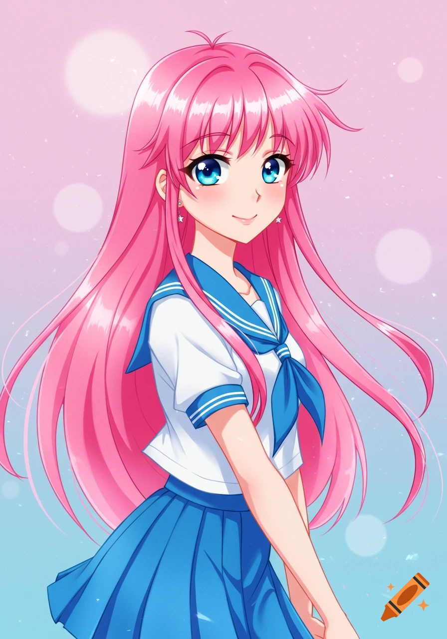 Anime girl with pink hair and blue eyes in a school uniform.