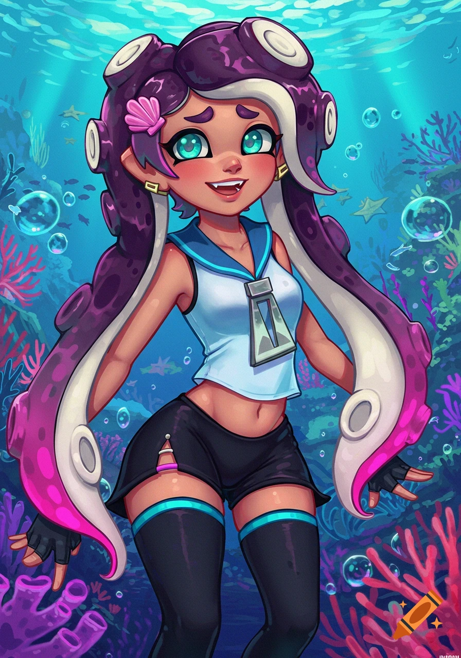 An anime girl with purple and white tentacles for hair, wearing a sailor top and shorts underwater.