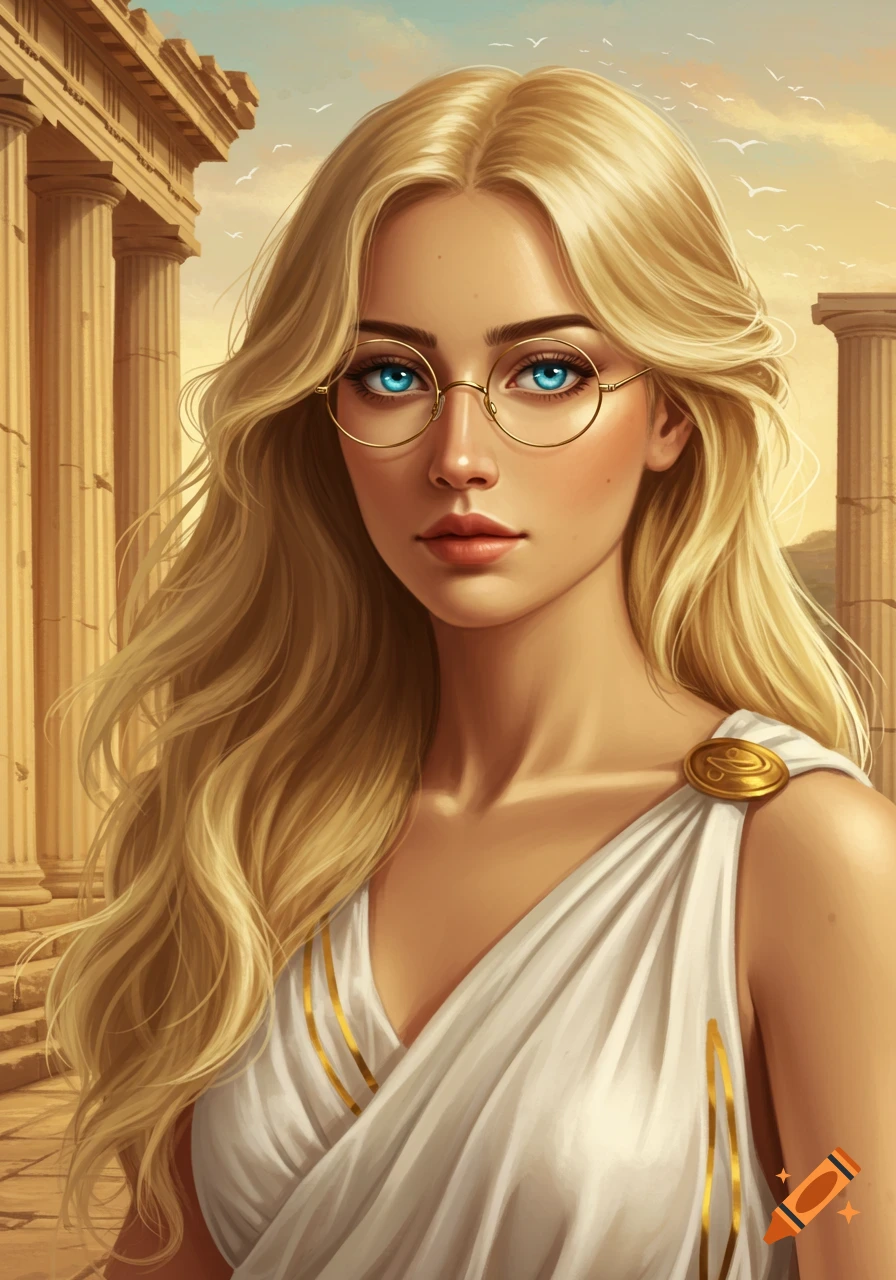 Blonde woman with piercing blue eyes and glasses wearing a white toga in front of ancient Greek columns.