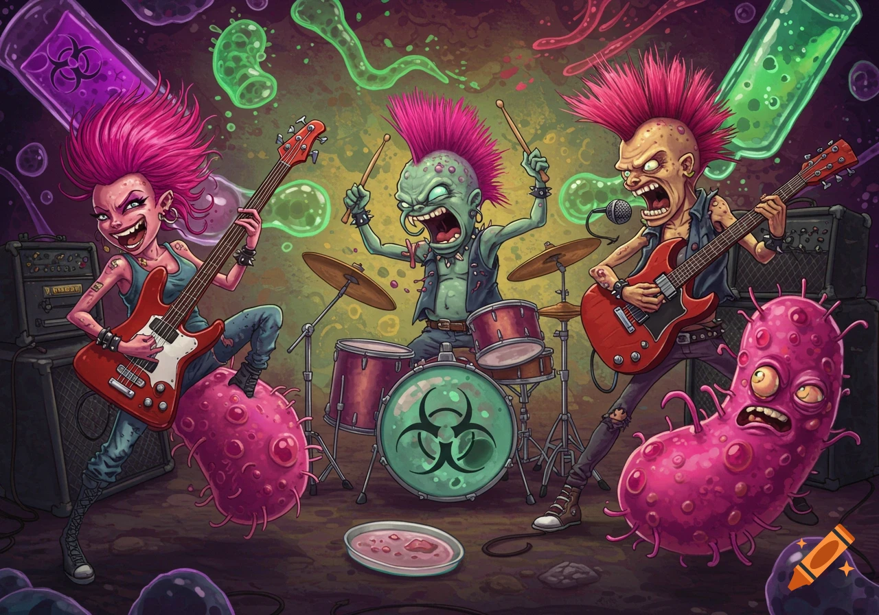 Cartoon punk rock band of bacteria characters playing music surrounded by microbes and test tubes.