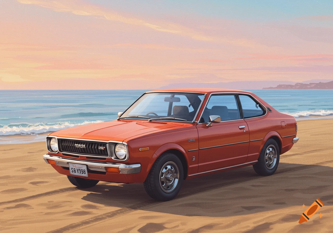 1972 Toyota Corolla coupe on a beach at sunset, illustrated style.