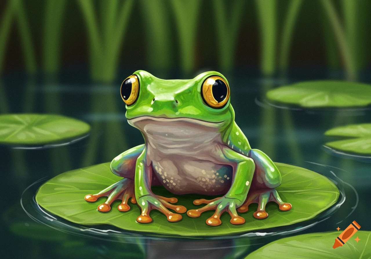 A stylized illustration of a green frog sitting on a lily pad in a pond.